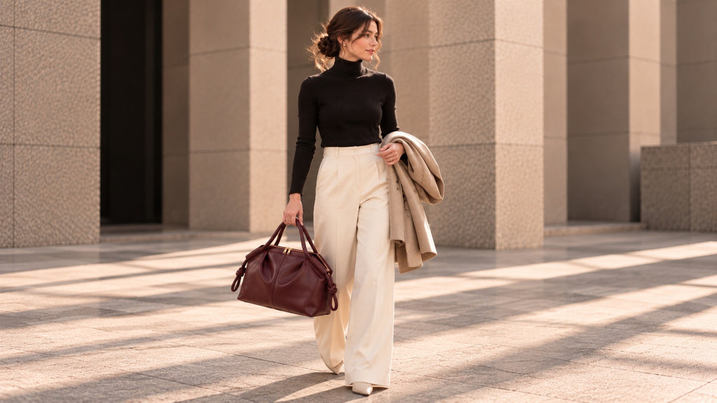 A woman walking outdoors in front of large stone columns, wearing a black turtleneck, cream wide-leg pants, and carrying a dark burgundy leather duffel bag and a beige coat.