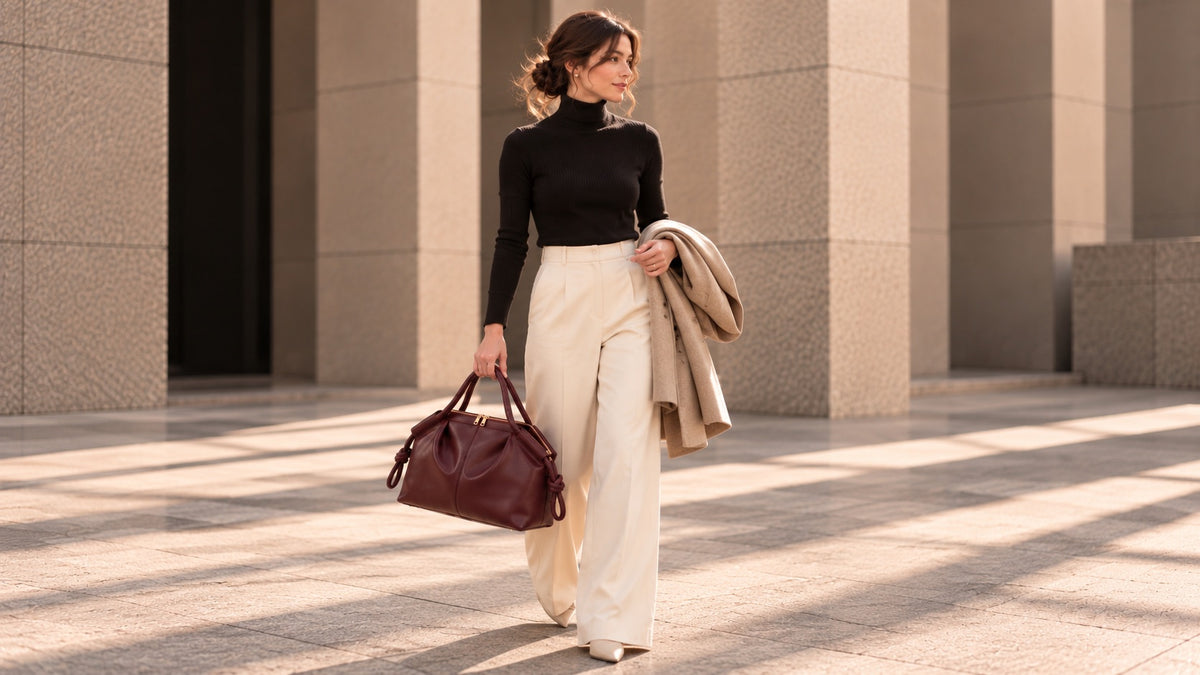 A woman walking outdoors in front of large stone columns, wearing a black turtleneck, cream wide-leg pants, and carrying a dark burgundy leather duffel bag and a beige coat.