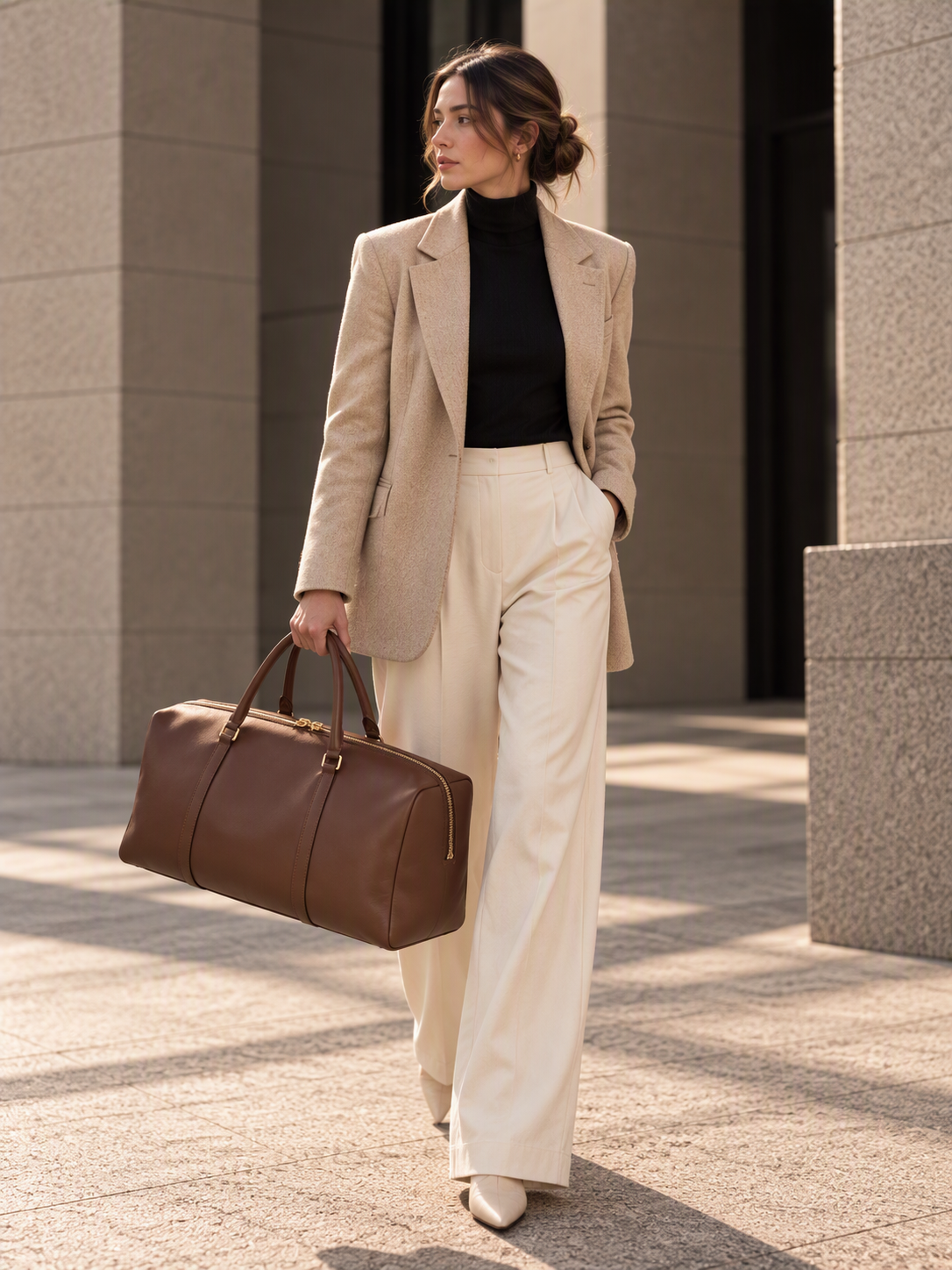 A woman walking outdoors in a beige blazer, cream wide-leg trousers, and a black turtleneck, carrying a brown leather duffel bag.